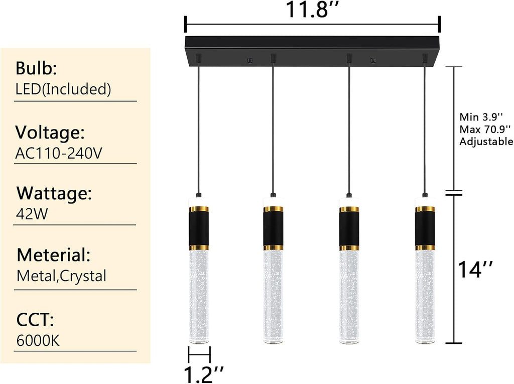 4-Lights Modern Crystal Chandeliers for Kitchen Island LED Dimmable Pendants Lighting Fixture LED Ceiling Light for Dining Room