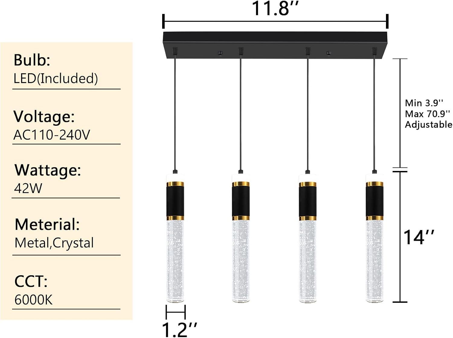 4-Lights Modern Crystal Chandeliers for Kitchen Island LED Dimmable Pendants Lighting Fixture LED Ceiling Light for Dining Room