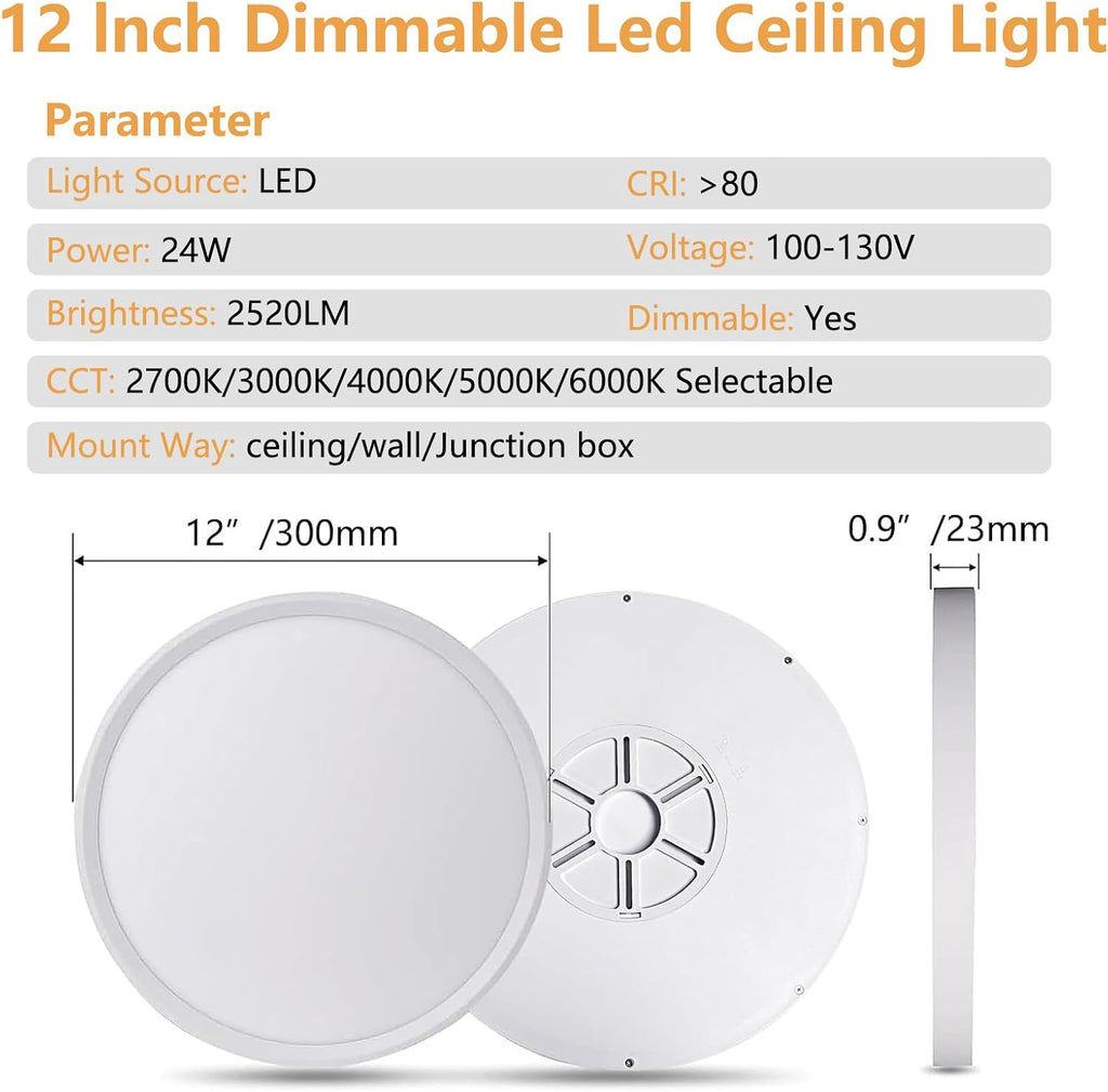 Dimmable 12Inch LED Flush Mount Ceiling Light, 24W, 2520LM, 2700K/3000K/4000K/5000K/6000K CCT Selectable,LED Round Flat Panel Light Dimmable from 5% to 100% for Bedroom,Kitchen,Hallway, White 12PK