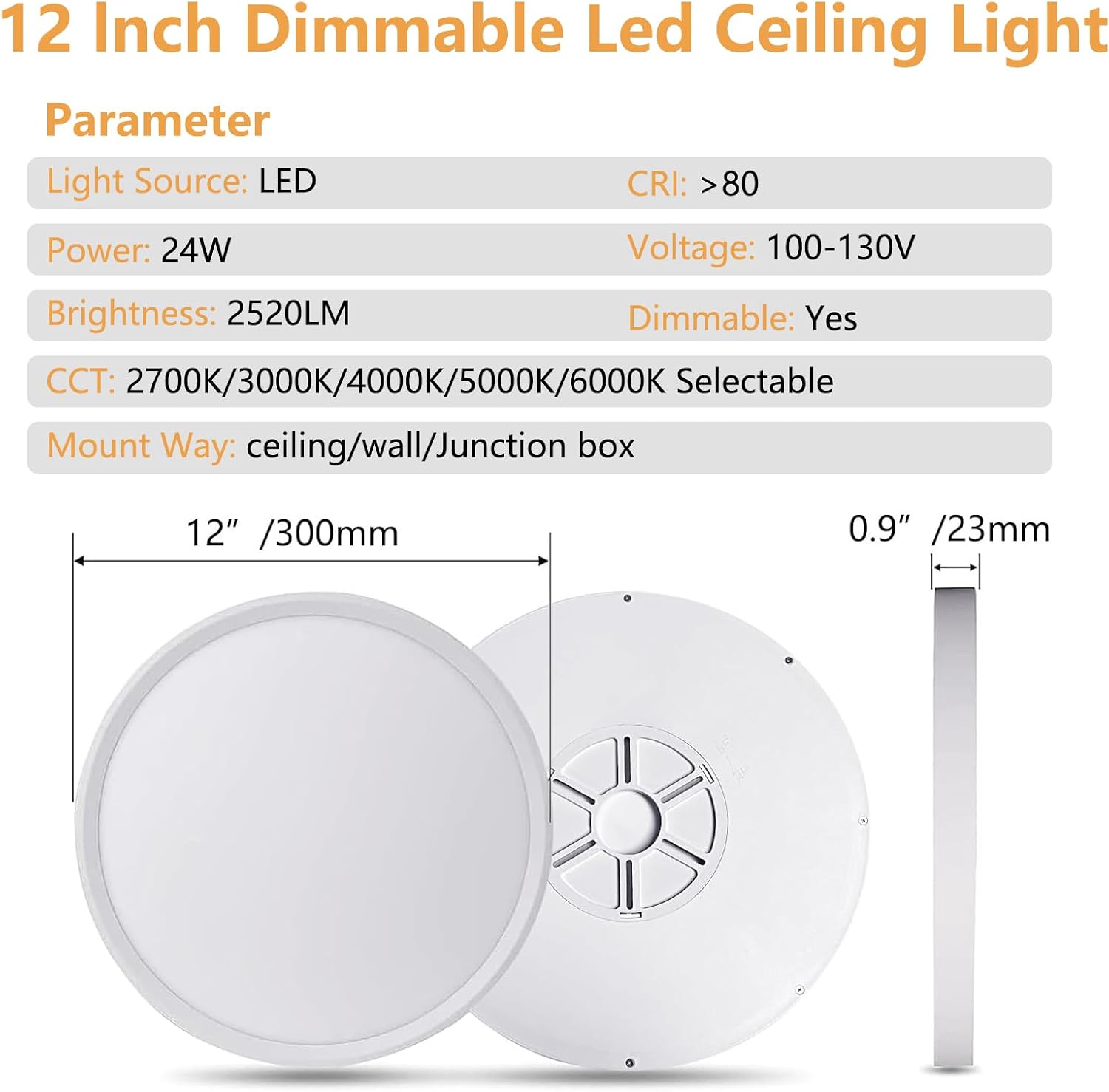 Dimmable 12Inch LED Flush Mount Ceiling Light, 24W, 2520LM, 2700K/3000K/4000K/5000K/6000K CCT Selectable,LED Round Flat Panel Light Dimmable from 5% to 100% for Bedroom,Kitchen,Hallway, White 12PK