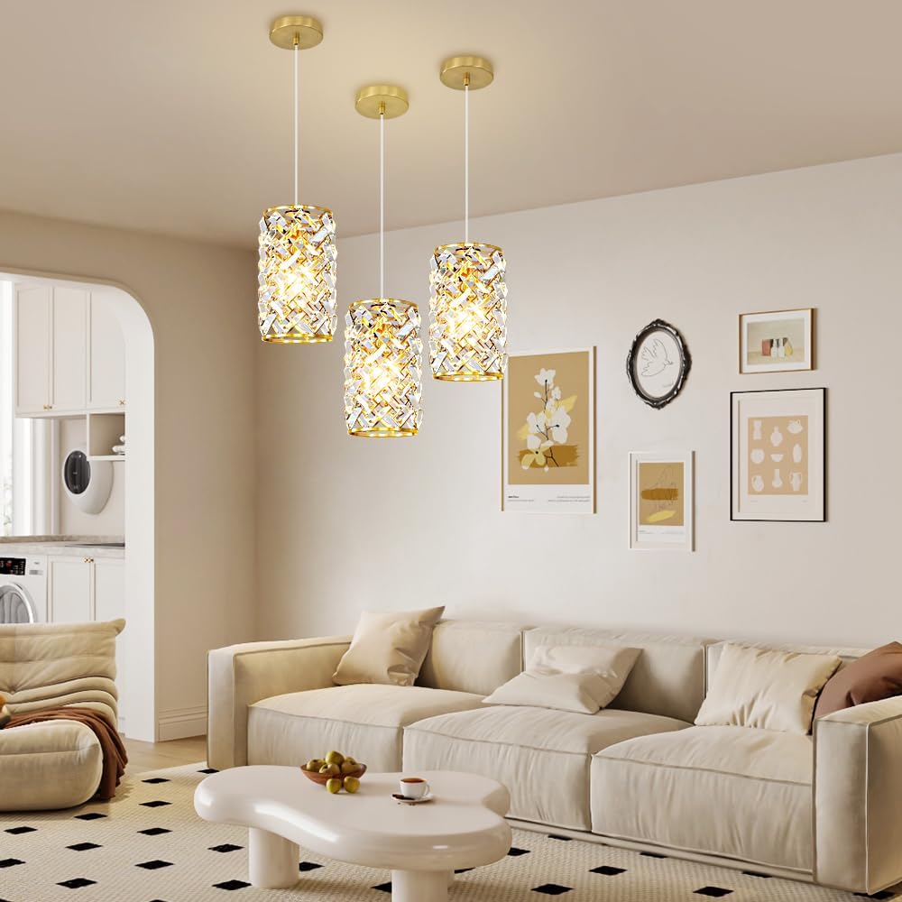 Gold Pendant Lights Kitchen Island, Mini Crystal Modern Kitchen Pendant Lighting Over Sink with 10.2' Clear Glass Shade Chandeliers, Adjustable Pendant Light Fixture for Dinning Room Bedroom Entryway