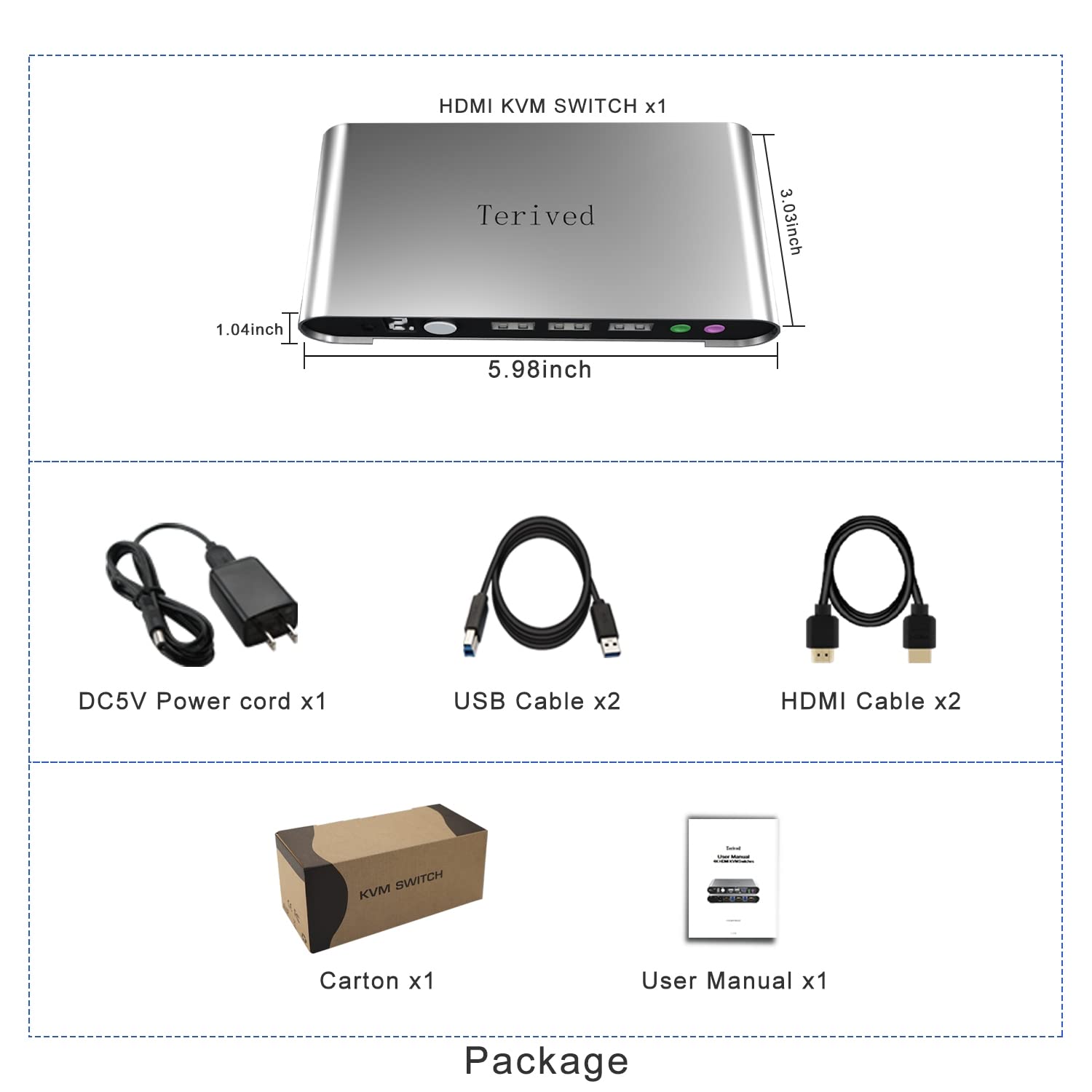 2 Port HDMI USB 3.0 KVM Switch with Aluminum Alloy Shell and Digital Display,Audio/Microphone, 4K@60Hz,hotkey,Auto EDID, HDR10 with Cables