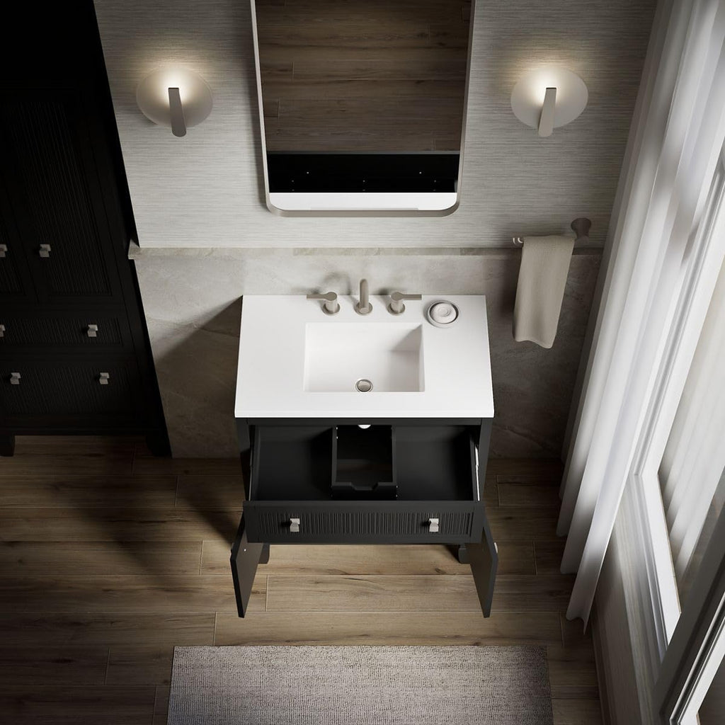 Kohler Hearthaven 30 Inch Bathroom Vanity Cabinet with White Single Sink and Quartz Top, Modern Bathroom Vanity, Slate Gray, K-33536-ASB-1WX