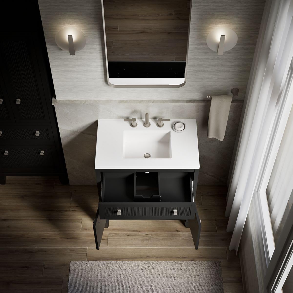 Kohler Hearthaven 30 Inch Bathroom Vanity Cabinet with White Single Sink and Quartz Top, Modern Bathroom Vanity, Slate Gray, K-33536-ASB-1WX