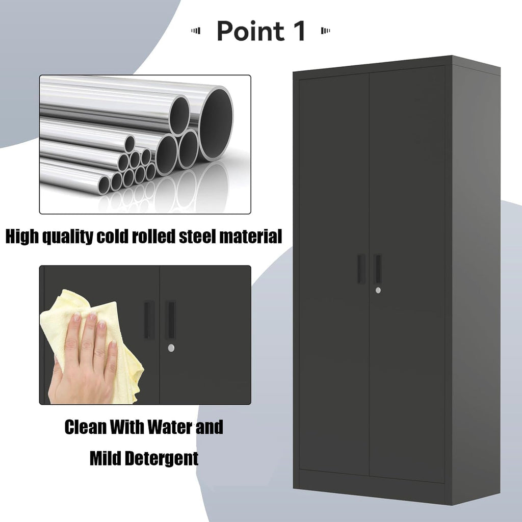 71' Metal Storage Cabinet with Doors, Lock and 4 Adjustable Shelves, Tall Pantry Cabinet for Garage, Office, Bedroom, Shop, Craft Room, Steel Storage Organizer with Adjustable Feet,Black