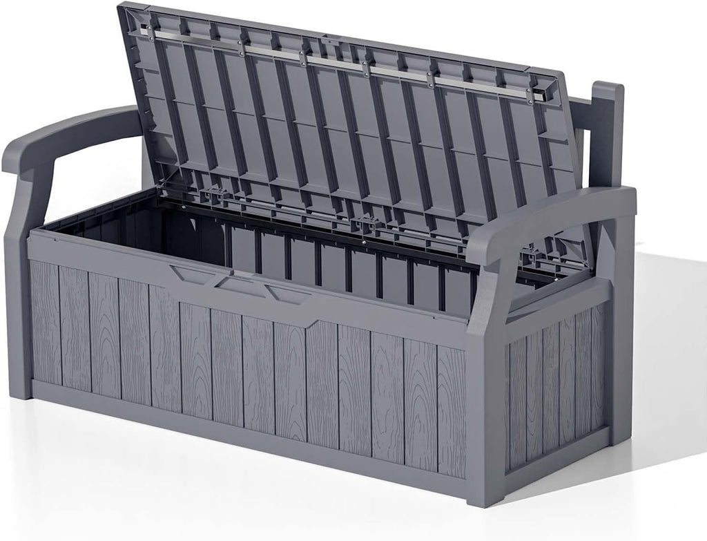 Patiowell 75 Gallon Plastic Storage Bench, Water-Resistant Deck Box for Patio Furniture, Garden Tools, Pool Storage and Outdoor Cushions, Grey