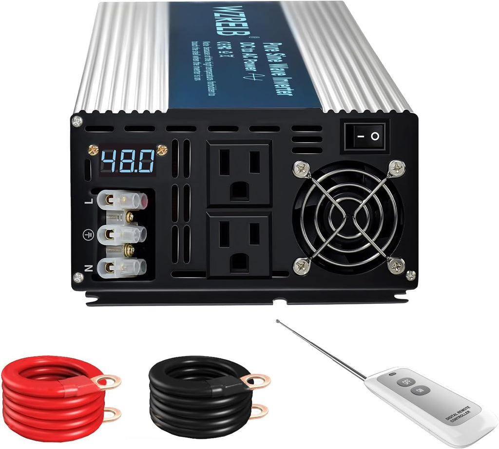 WZRELB 3500W Pure Sine Wave Inverter 48V DC to 110V 120V AC with LED Display,Remote Controller,Off-Grid Power Converter 7000W Surge with Dual AC Outlets, Hardwire Terminal for Home, RV, Truck, Camping