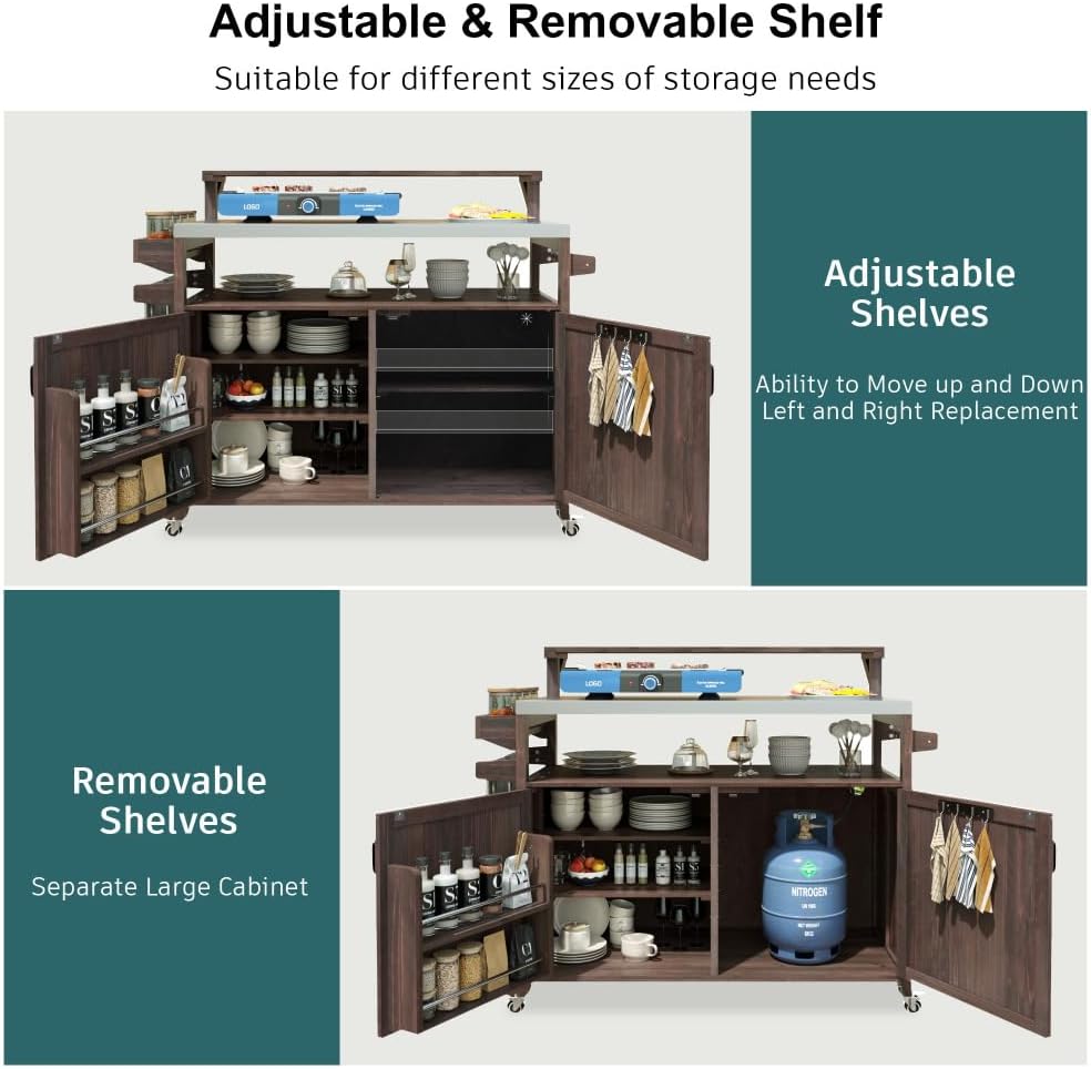 53.3' Outdoor Kitchen Island with Raised Shelf, Solid Wood Storage Cabinet with Stainless Steel Top, Outdoor Rolling Grill Cart with Internal Storage Rack, Adjustable Shelf, Spice Rack (Brown)