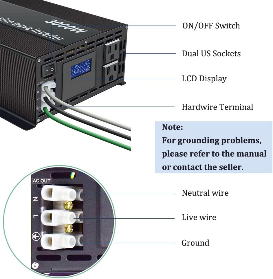 WZRELB Pure Sine Wave Inverter 3000W 12VDC to 120VAC Solar Power Peak 6000W Converter Truck RV Home LCD Display, Black (LN300012)