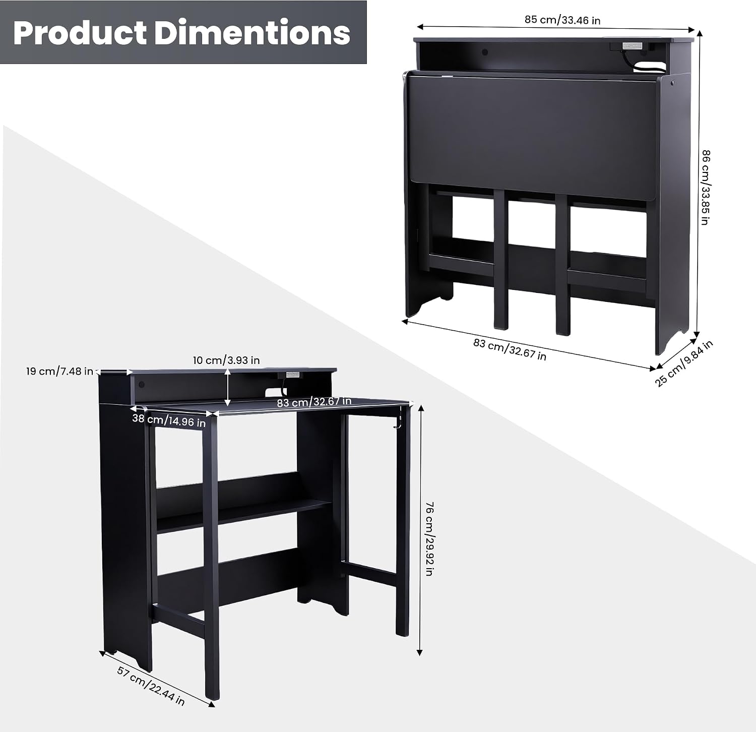 Folding Desk with Charging Station,Fold Out Desk with Monitor Stand,Storage Shelf,Small Foldable Computer Desk for Compact Home Office Spaces (Black)