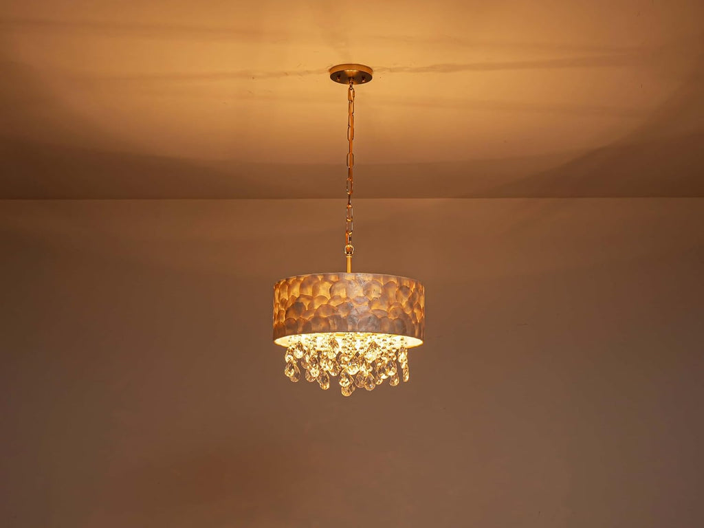 LumFurn D16in Drum Capiz Shell Crystal Chandeliers, 4-Light Coastal Style Pendant Light Fixture for Dining Room, Living Room, D16x20~67'(Adjustable), Shell Lampshade, K9Crystal & Gold Finish