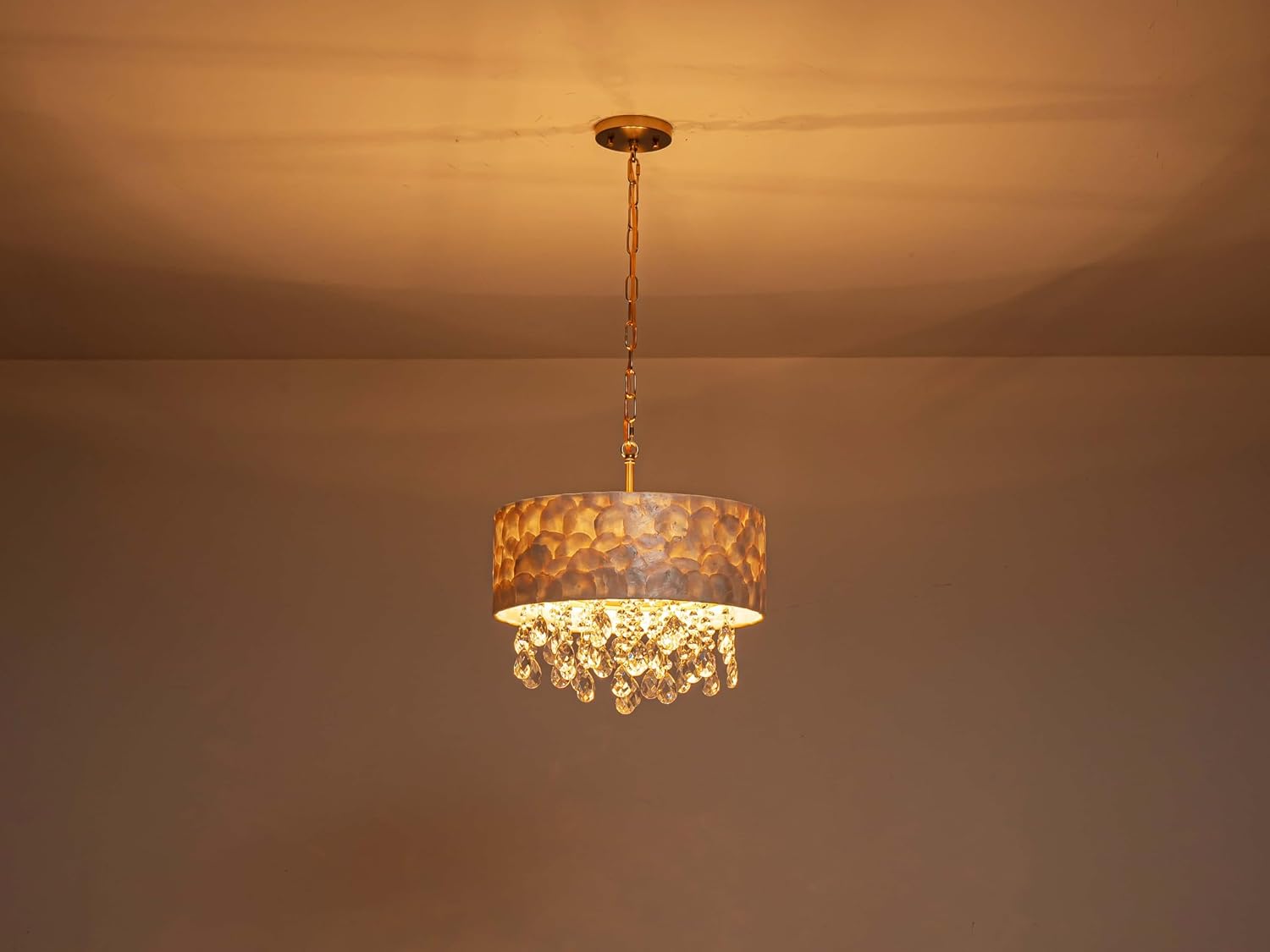 LumFurn D16in Drum Capiz Shell Crystal Chandeliers, 4-Light Coastal Style Pendant Light Fixture for Dining Room, Living Room, D16x20~67'(Adjustable), Shell Lampshade, K9Crystal & Gold Finish