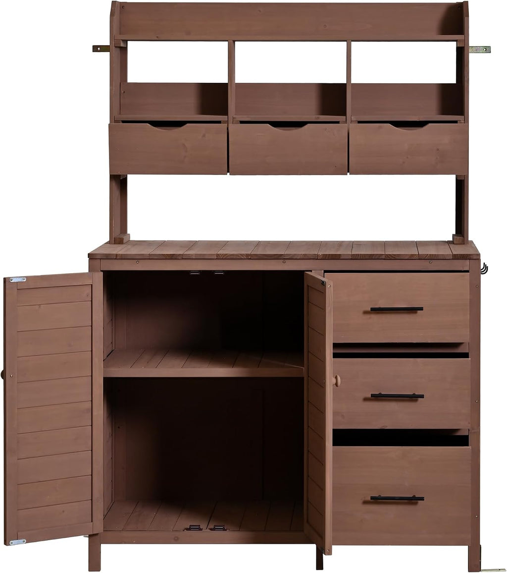 65' H Large Patio Potting Bench, Farmhouse Garden Workstation with 6 Drawers, Bottom Cabinet and Side Hook, Adjustable Shelf, Fir Wood Frame Outdoor Kitchen Island (Brown/101)