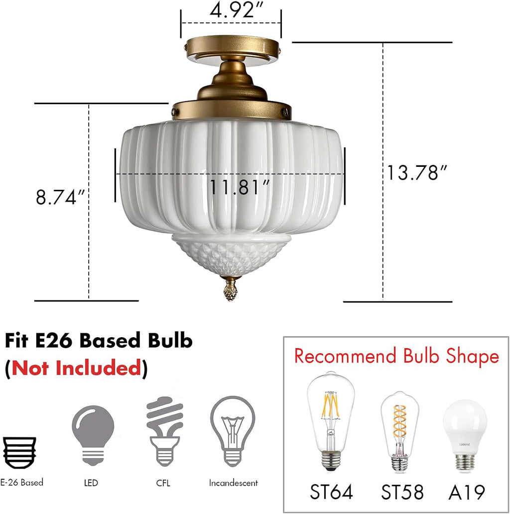 CLAXY Gold Kitchen Ceiling Light Ribbed Milk Glass Ceiling Light Fixture | Modern Semi-flush Mount Schoolhouse Ceiling Light E26 Dimmable Indoor Light for Bathroom Hallway Bedroom Closet Garage