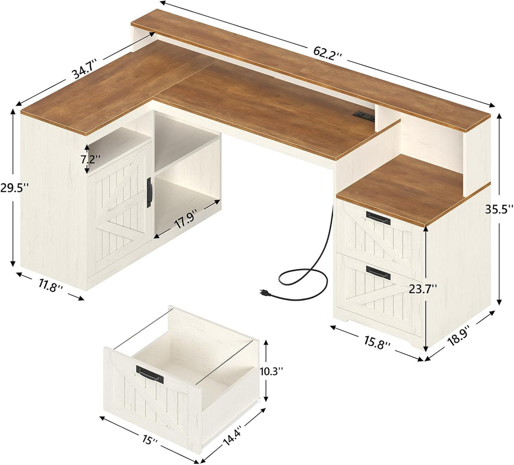 TVU Farmhouse L Shaped Desk with Drawers, 62.2' Home Office Desk with Storage Shelves and Power Outlet, L Shaped Computer Desk with Monitor Stand and Printer Shelf, Brown and White