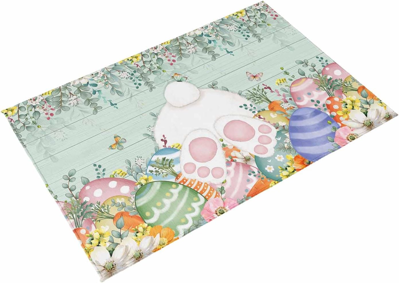 Cute Easter Bunny Outdoor Rug for Patio/Deck/Porch, Non-Slip Large Area Rug 4 x 6 Ft, Eucalyptus Leaves Colorful Eggs Teal Wooden Indoor Outdoor Rugs Washable Area Rugs, Camping Rug Carpet Runner