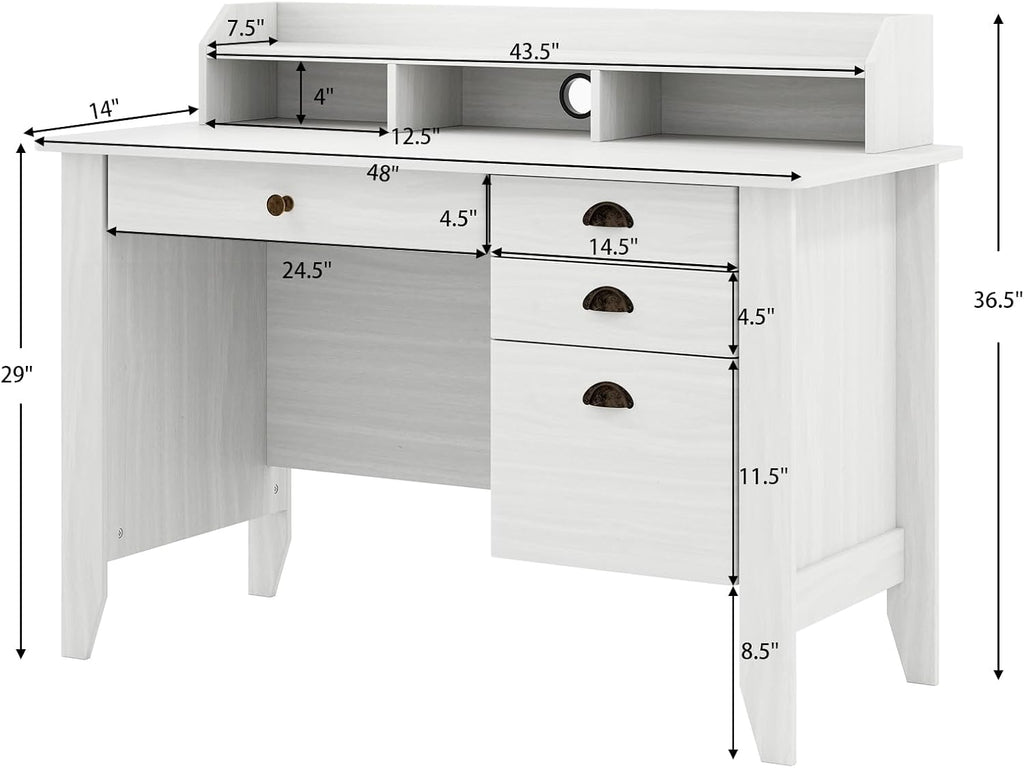 MAT EXPERT 48' Wide Computer Desk, Vintage Computer Desk with Hutch & Storage Drawer, Monitor Stand, Writing Workstation, Waterproof Laptop Table Gaming Desk for Study, Office, Bedroom (White)