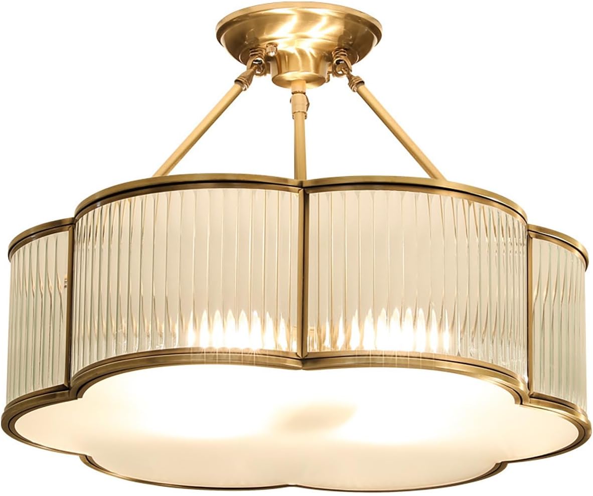 Vintage Semi-Flush Gold Chandelier,Mid-Century Modern Brass Ceiling Light Fixture,Art Deco Floral Ceiling Light,Frosted Glass Ceiling Lamp for Nursery Bedroom Kitchen