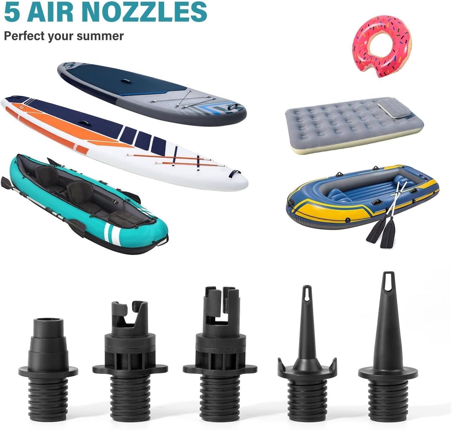 Paddle Board Fin Electric Pump 7500mAh Battery for Inflatable Kayak Surfboard Stand Up Paddle with 5 Nozzles Boat Accessories for Surfing, Seaside Travel