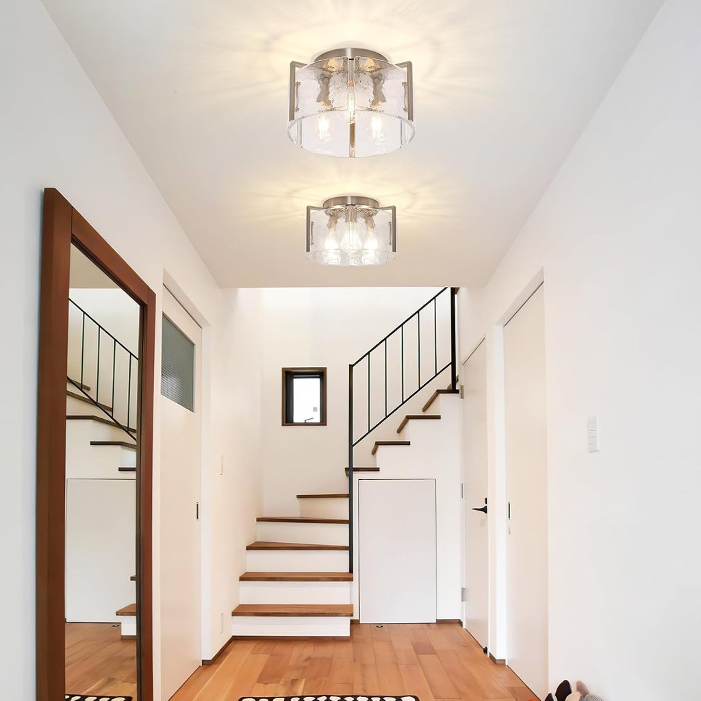 Modern 3-Light Semi Flush Mount Ceiling Light, Brushed Nickel Finish with Water Ripple Glass Shade, Farmhouse Close to Ceiling Light Fixture for Hallway, Bedroom, Kitchen, Living Room, Entryway