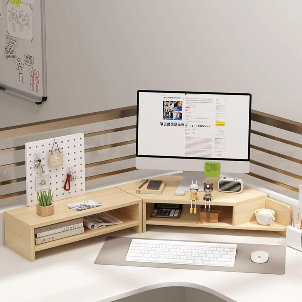 Corner Monitor Stand Corner Monitor Stand 2 Tier Office Organizer Rack with Storage and Holey Board, Wooden Corner Monitor Stands for Desk, Monitor Shelf Riser (Color : Light Brown)