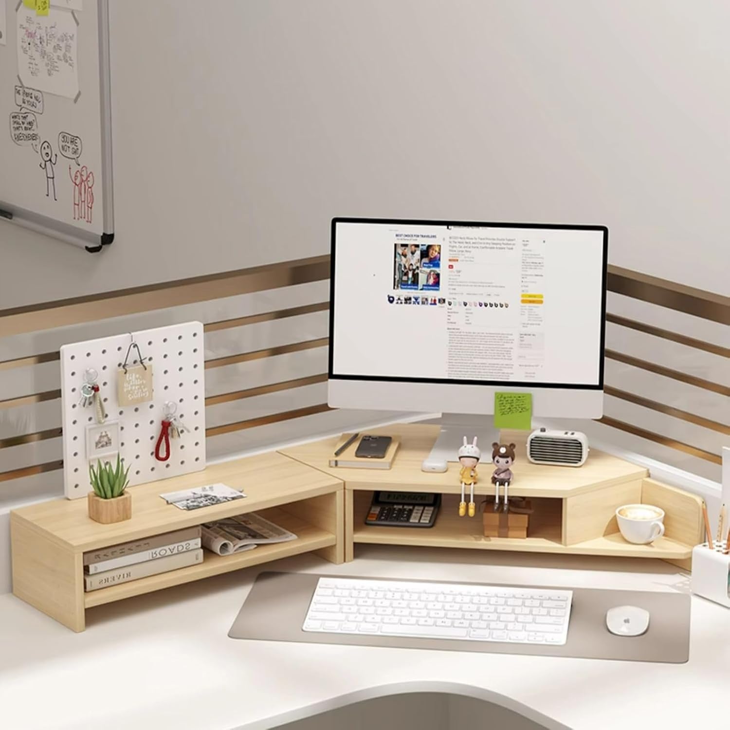 Corner Monitor Stand Corner Monitor Stand 2 Tier Office Organizer Rack with Storage and Holey Board, Wooden Corner Monitor Stands for Desk, Monitor Shelf Riser (Color : Light Brown)