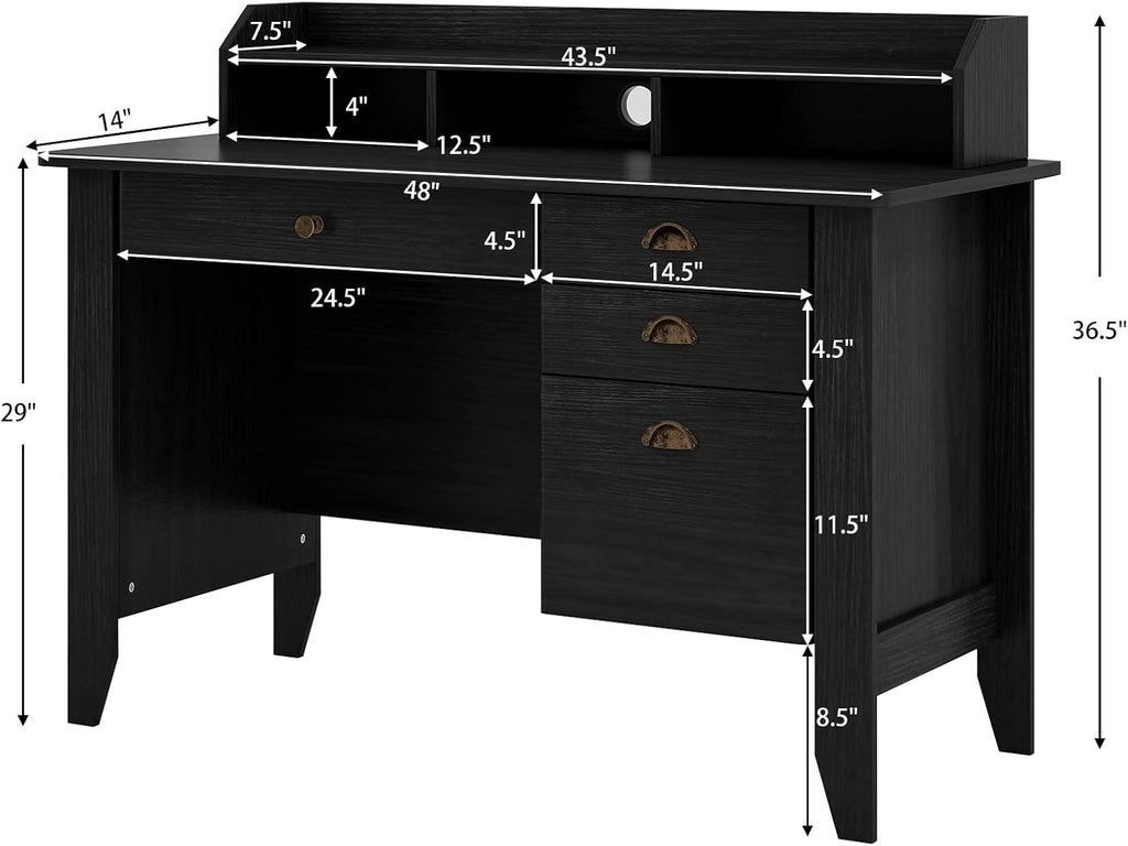 MAT EXPERT 48' Wide Computer Desk, Vintage Computer Desk with Hutch & Storage Drawer, Monitor Stand, Writing Workstation, Waterproof Laptop Table Gaming Desk for Study, Office, Bedroom (Black)