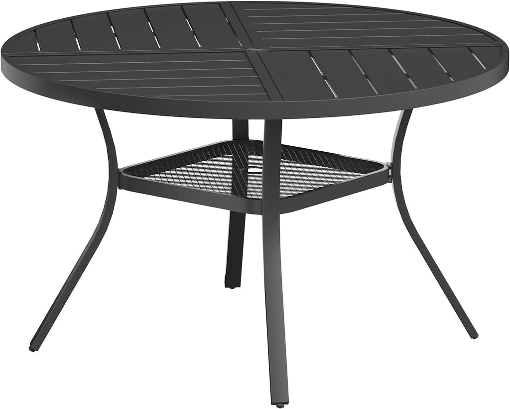 VICLLAX Round Patio Table with Adjustable Umbrella Hole for 6, All Weather 47.2' Metal Outdoor Dining Table for Lawn Garden, Black