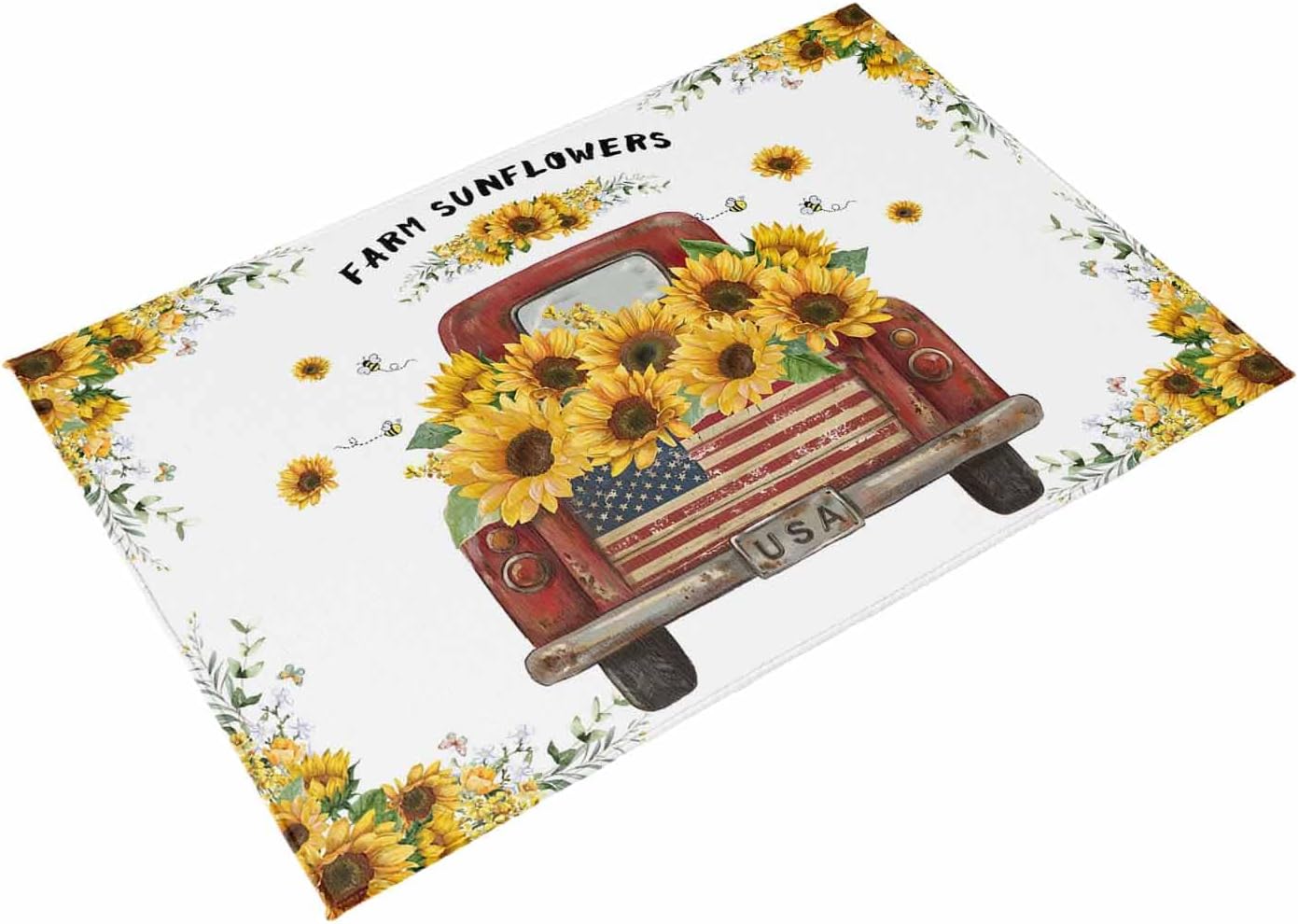Sunflower Truck Outdoor Rug for Patio/Deck/Porch, Non-Slip Large Area Rug 4 x 6 Ft, Yellow Flowers Summer Botanical Watercolor Indoor Outdoor Rugs Washable Area Rugs, Camping Rug Carpet Runner