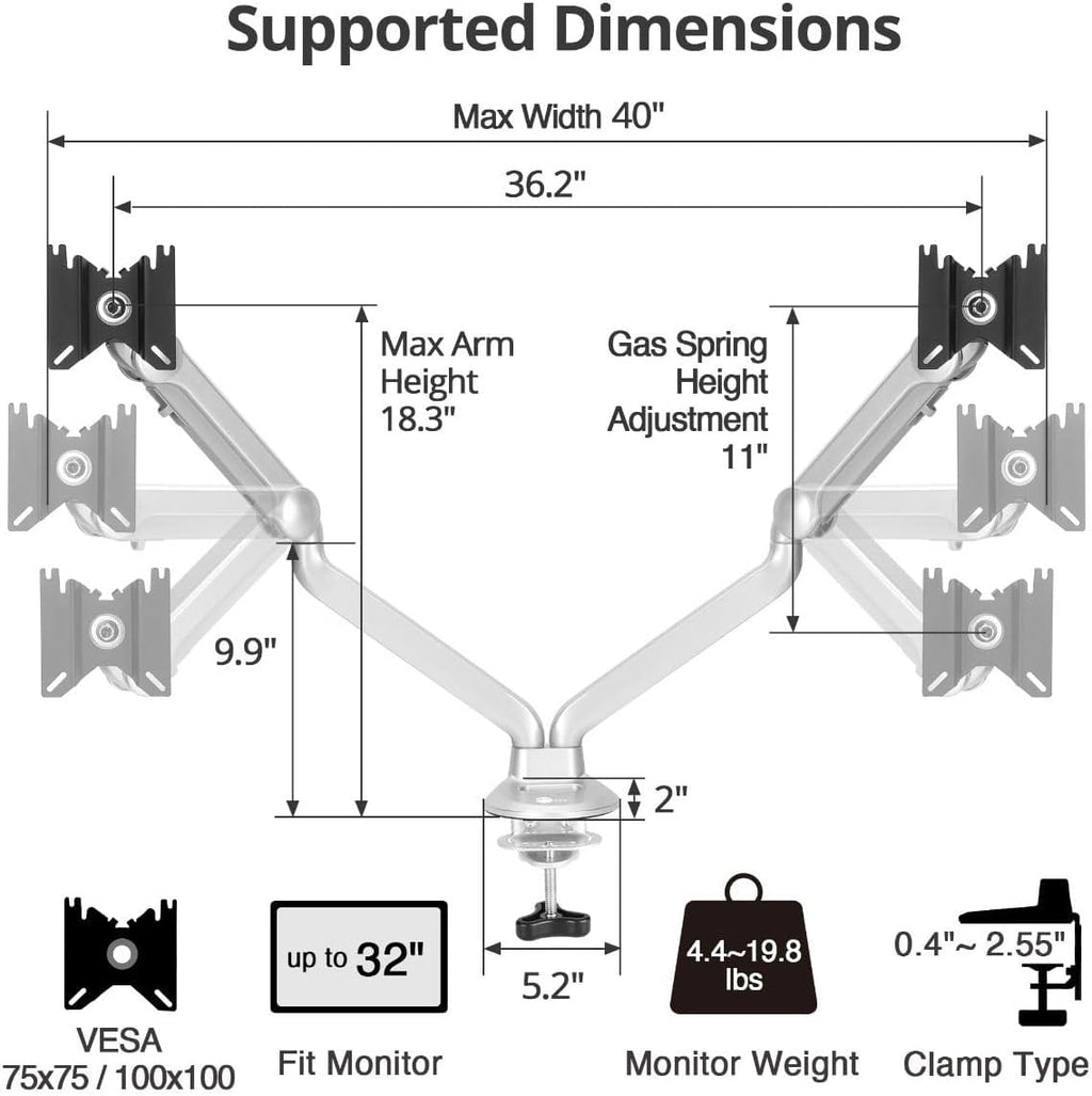 SIIG MTPRO Dual Monitor Desk Mount, Gas Spring Monitor Arm up to 32 inch Display, Max 19.8 lbs per arm, VESA 75 &100mm, Silver, TAA Compliant