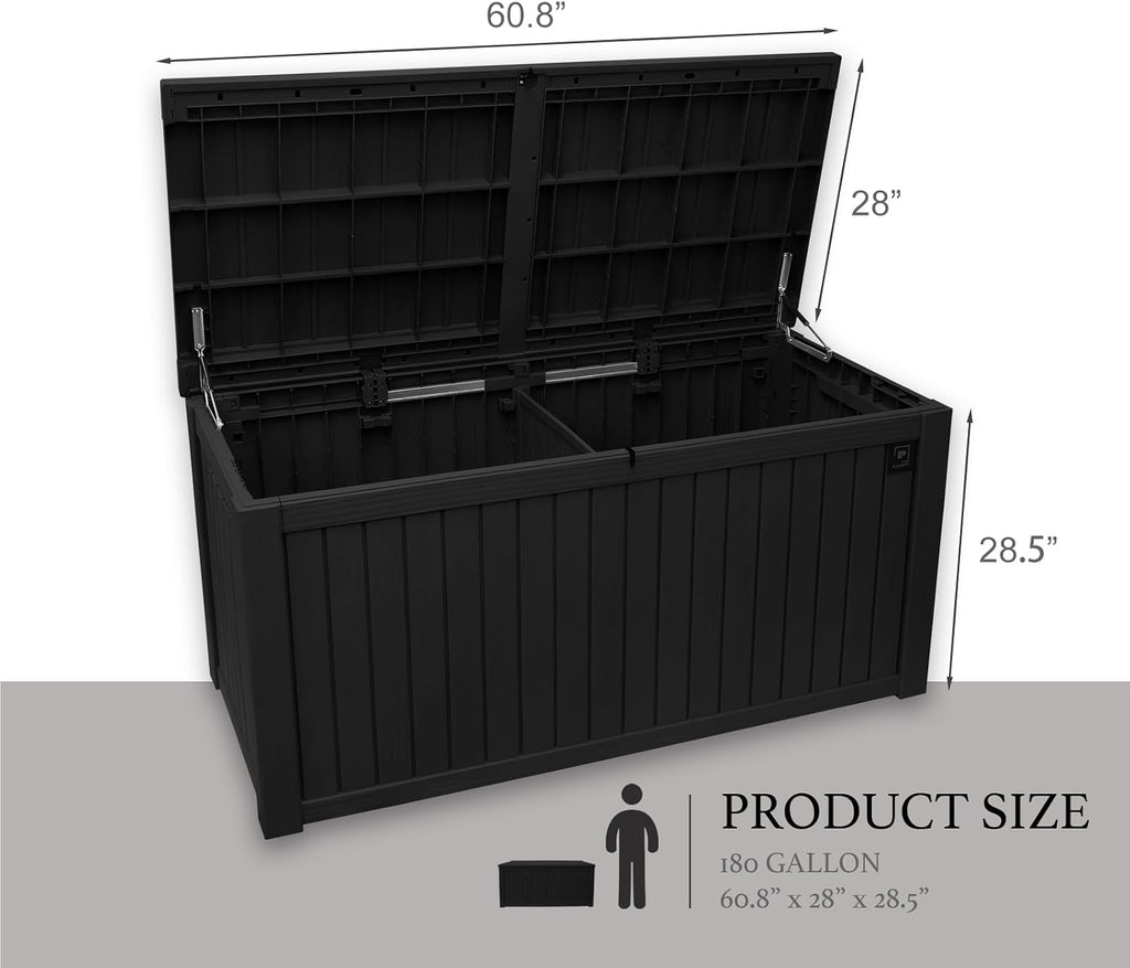 AJP Distributors Outdoor Storage Shed, Large Resin Storage Box, Waterproof and lockable, suitable for garden, patio, garage, backyard storage (Blcak, 180gal)