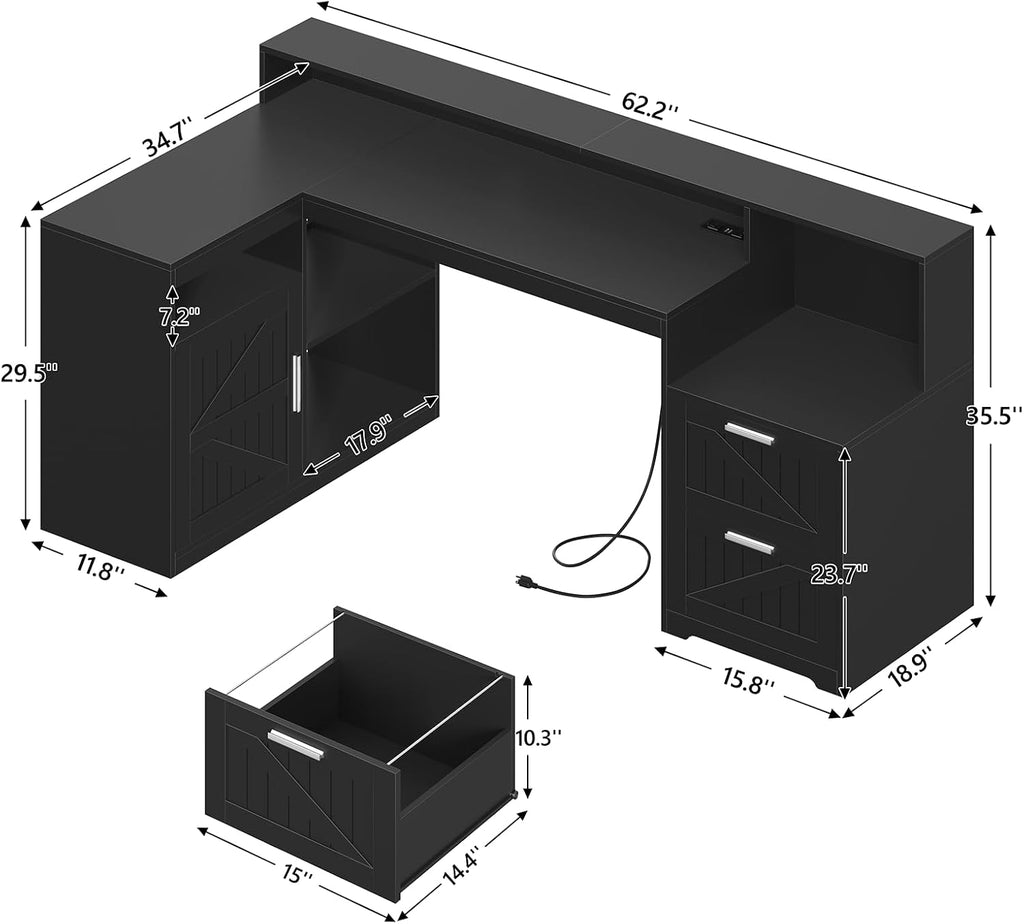 TVU Farmhouse L Shaped Desk with Drawers, 62.2' Home Office Desk with Storage Shelves and Power Outlet, L Shaped Computer Desk with Monitor Stand and Printer Shelf, Black
