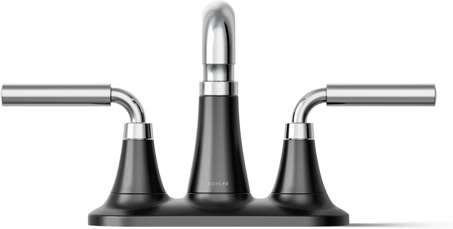 KOHLER K-27414-4-CBL Tone™ Centerset Bathroom Sink Faucet, Clicker Drain, Bathroom Faucets, 1.2 GPM, Polished Chrome with Matte Black