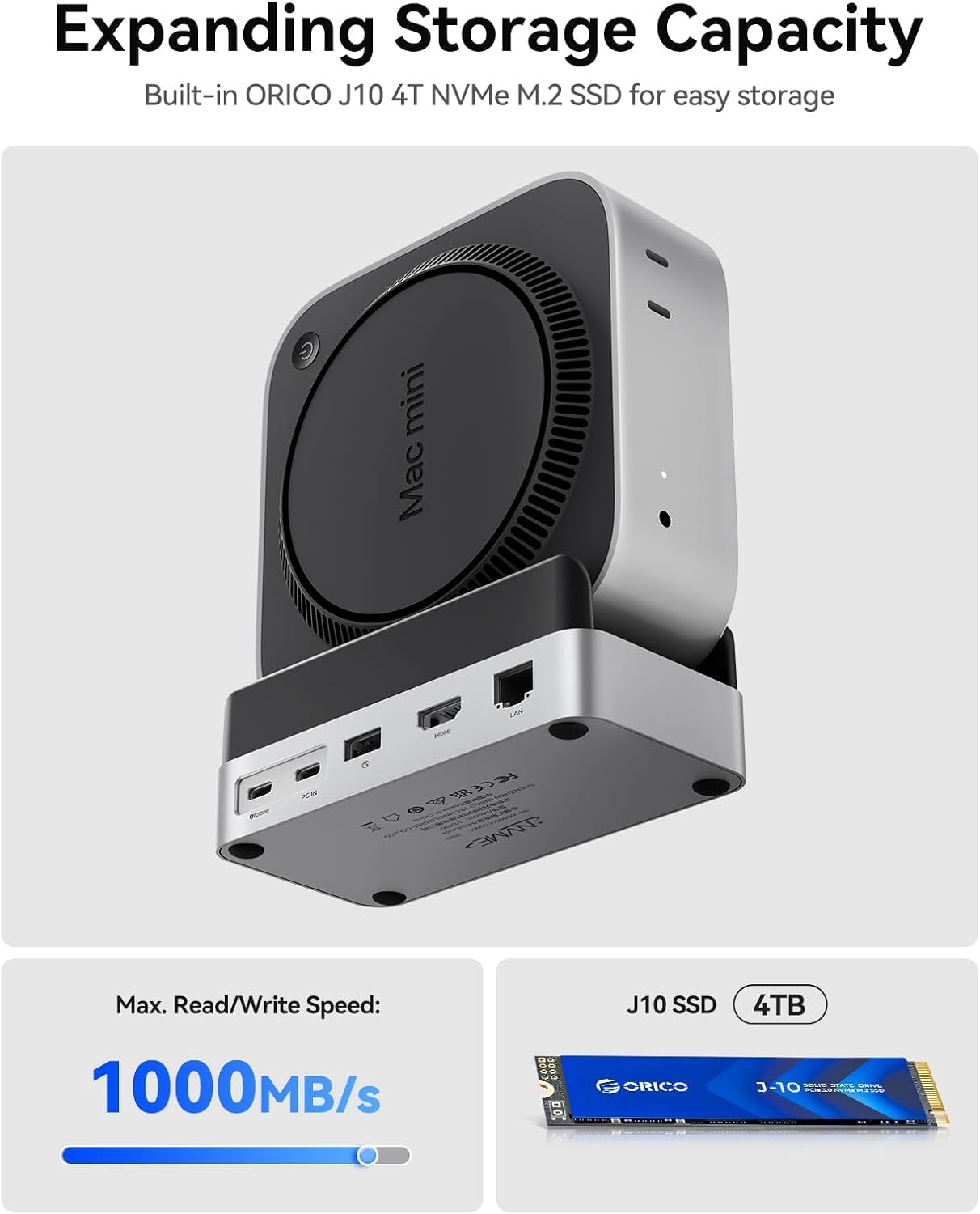ORICO MiniDock and Stand Compatibility with Mac mini M4, 9-in-1 Aluminum Hub with 4TB NVMe M.2 SSD, 10Gbps USB-C & USB-A,5Gbps USB-A,4K HDMI, Gigabit Ethernet, SD/TF Card Readers,Type-C(PD3.0)