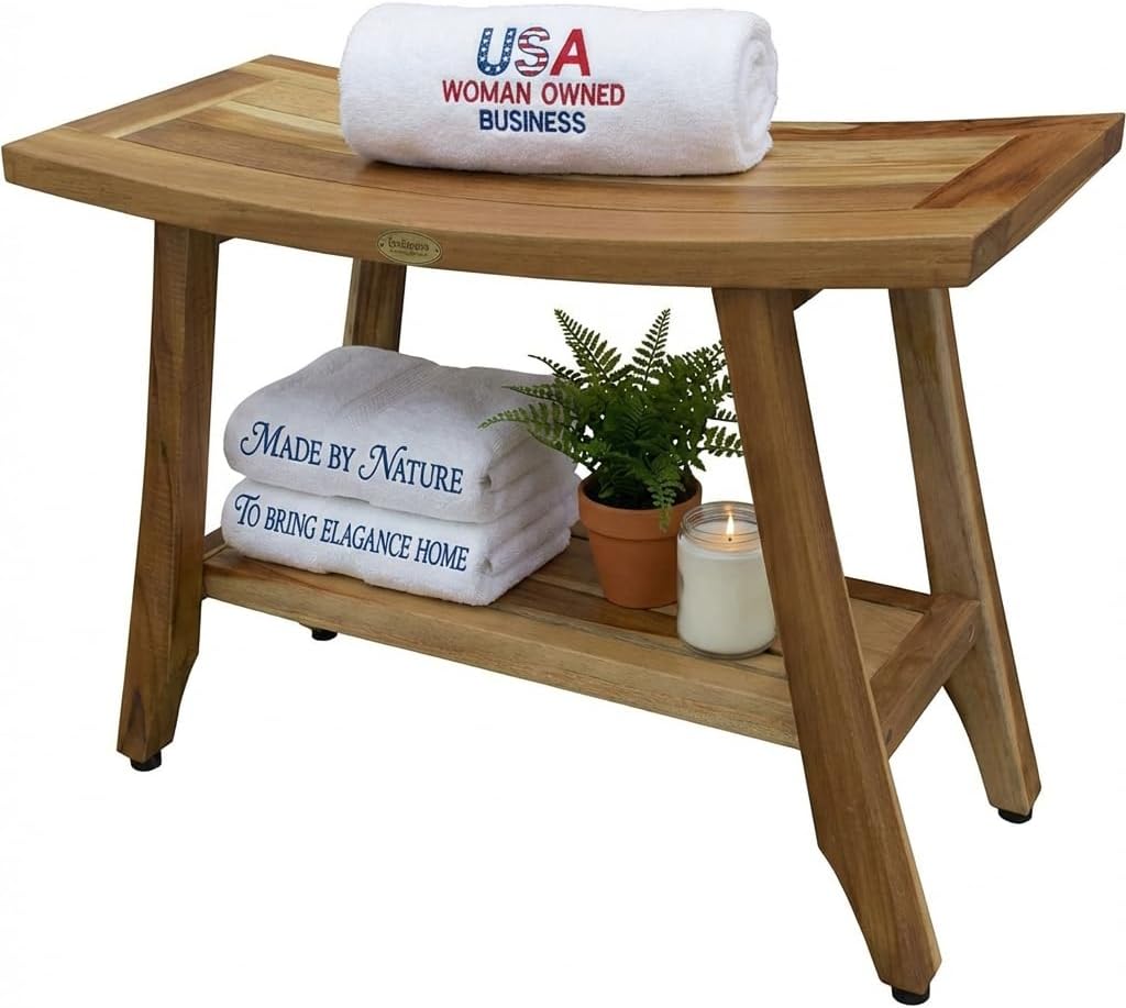 EcoDecors 28' Satori Teak Shower Bench –Bath Seat, Natural Wood Finish Water-Resistant Spa Bench | Slatted Design & Adjustable Feet for Indoor Outdoor Use | Sturdy & Safe