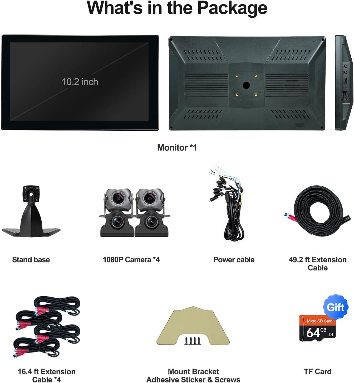 4-Channel 1080p Backup Camera Dash Cam with 10.2'' Screen, DVR Recording Back Up Cam for RV/Truck/Trailer/Van/SUV/Cars, Quad Split Parking Monitor with Playback/Bluetooth/FM Radio/Music/Video Player