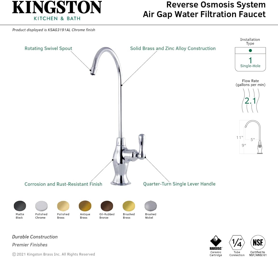 Kingston Brass KSAG3190AL Restoration Reverse Osmosis System Filtration Water Air Gap Faucet, Matte Black