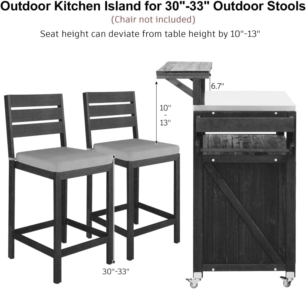 53.3' Outdoor Kitchen Island with Raised Shelf, Solid Wood Storage Cabinet with Stainless Steel Top, Outdoor Rolling Grill Cart with Internal Storage Rack, Adjustable Shelf, Spice Rack (Black)