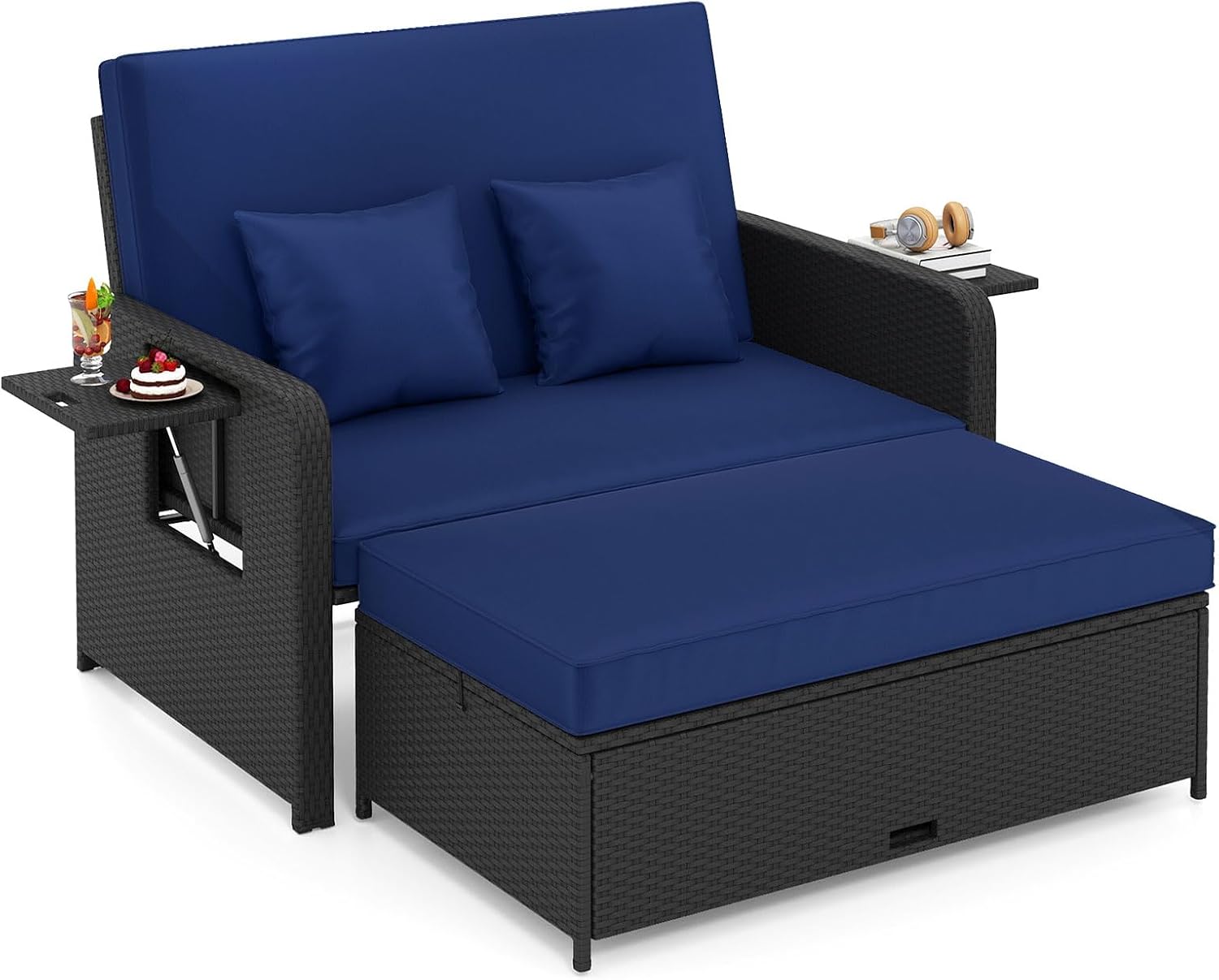 COSTWAY Patio Rattan Daybed with Cushions, Outdoor Wicker Loveseat Sofa with Storage Ottoman, 4-Level Adjustable Backrest, Bed Lounger for Yard, Balcony, Porch, Garden, Pool (Black+Navy)