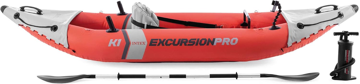 INTEX 68303EP Excursion Pro K1 Inflatable Kayak Set: Includes Deluxe 86in Kayak Paddles and High-Output Pump – SuperTough PVC – Adjustable Bucket Seat – 1-Person – 220lb Weight Capacity