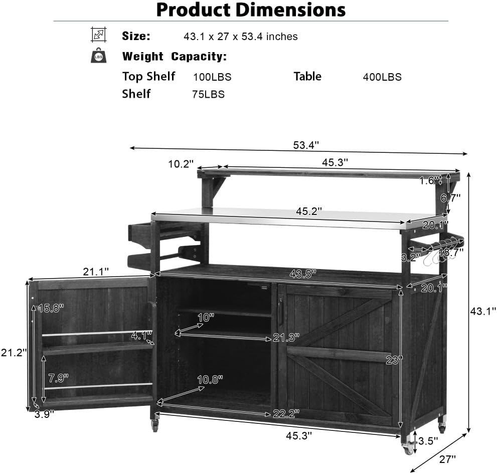 53.3' Outdoor Kitchen Island with Raised Shelf, Solid Wood Storage Cabinet with Stainless Steel Top, Outdoor Rolling Grill Cart with Internal Storage Rack, Adjustable Shelf, Spice Rack (Black)