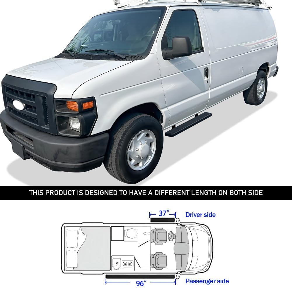 APS Running Boards (Nerf Bars Side Steps Step Bars) Compatible with Ford Econoline 1999-2014 Full Size Van 3-Door (Stainless Steel Black Powder Coated 5 inches)