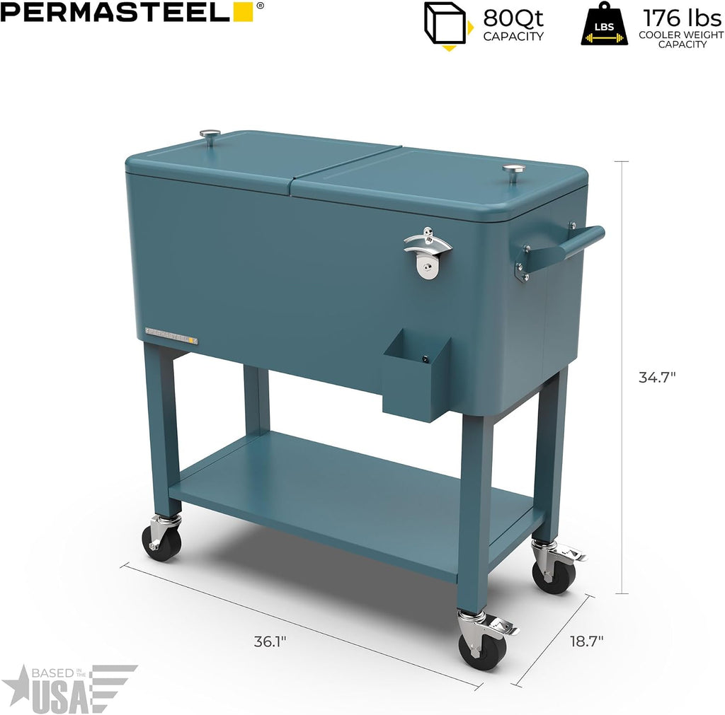 Permasteel Party Cooler with Divider, Removable Basin, Spacious 80-Qt Capacity, Chills 36hrs, Serving Tray, Rolling Ice Chest for Indoor & Outdoor