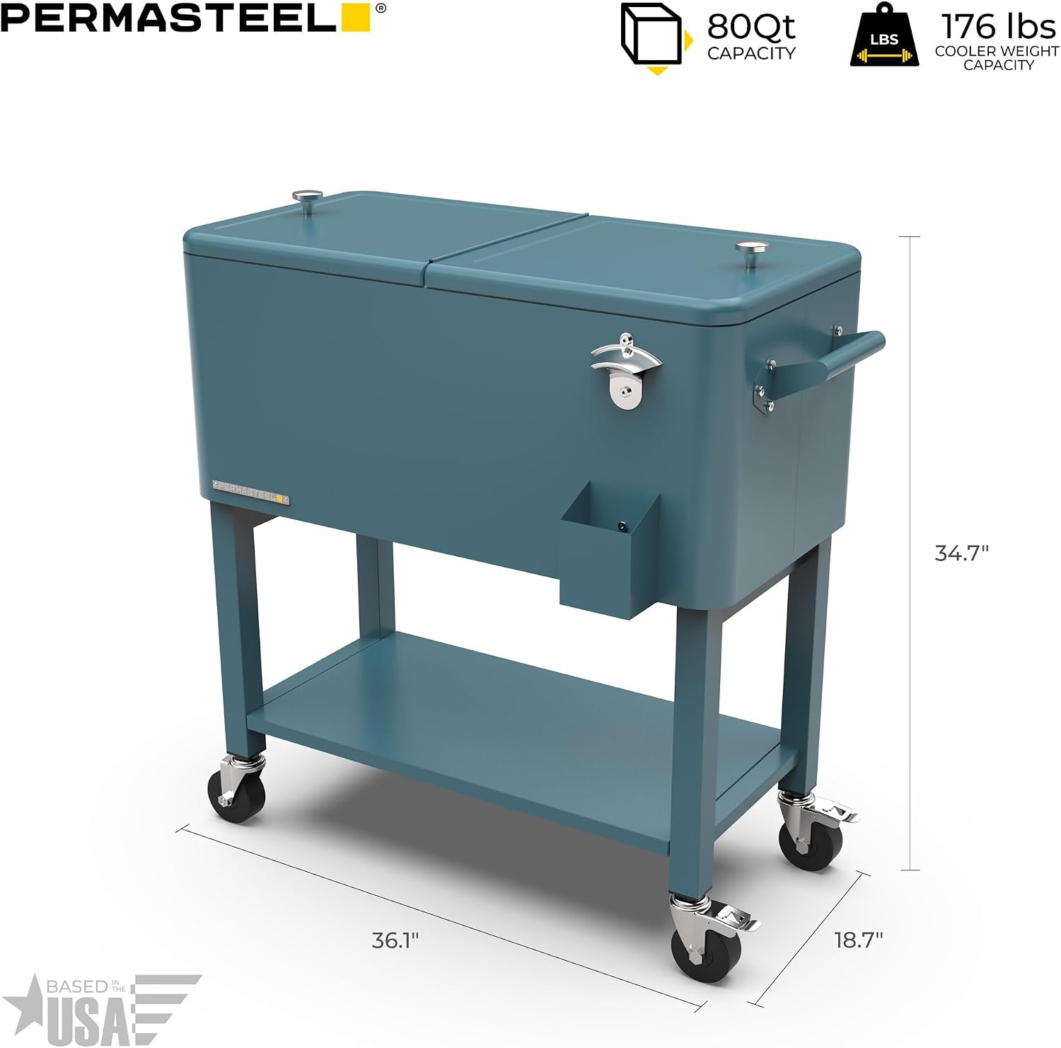 Permasteel Party Cooler with Divider, Removable Basin, Spacious 80-Qt Capacity, Chills 36hrs, Serving Tray, Rolling Ice Chest for Indoor & Outdoor