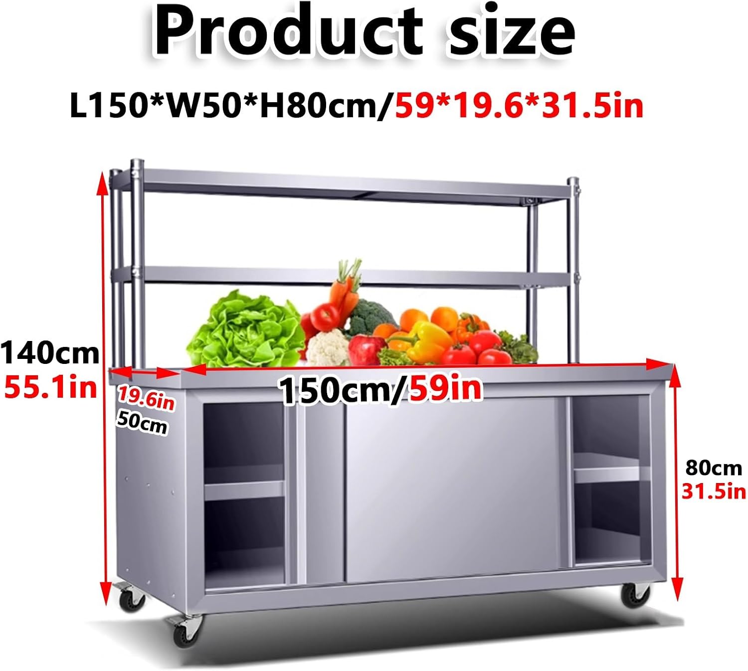 Stainless Steel Work Table Cabinet with 2 Sliding Doors, Commercial Kitchen Prep Table, Heavy Duty Workbench Large Space Storage Cabinet Chopping Metal Table, for Restaurant Home and Hotel(15
