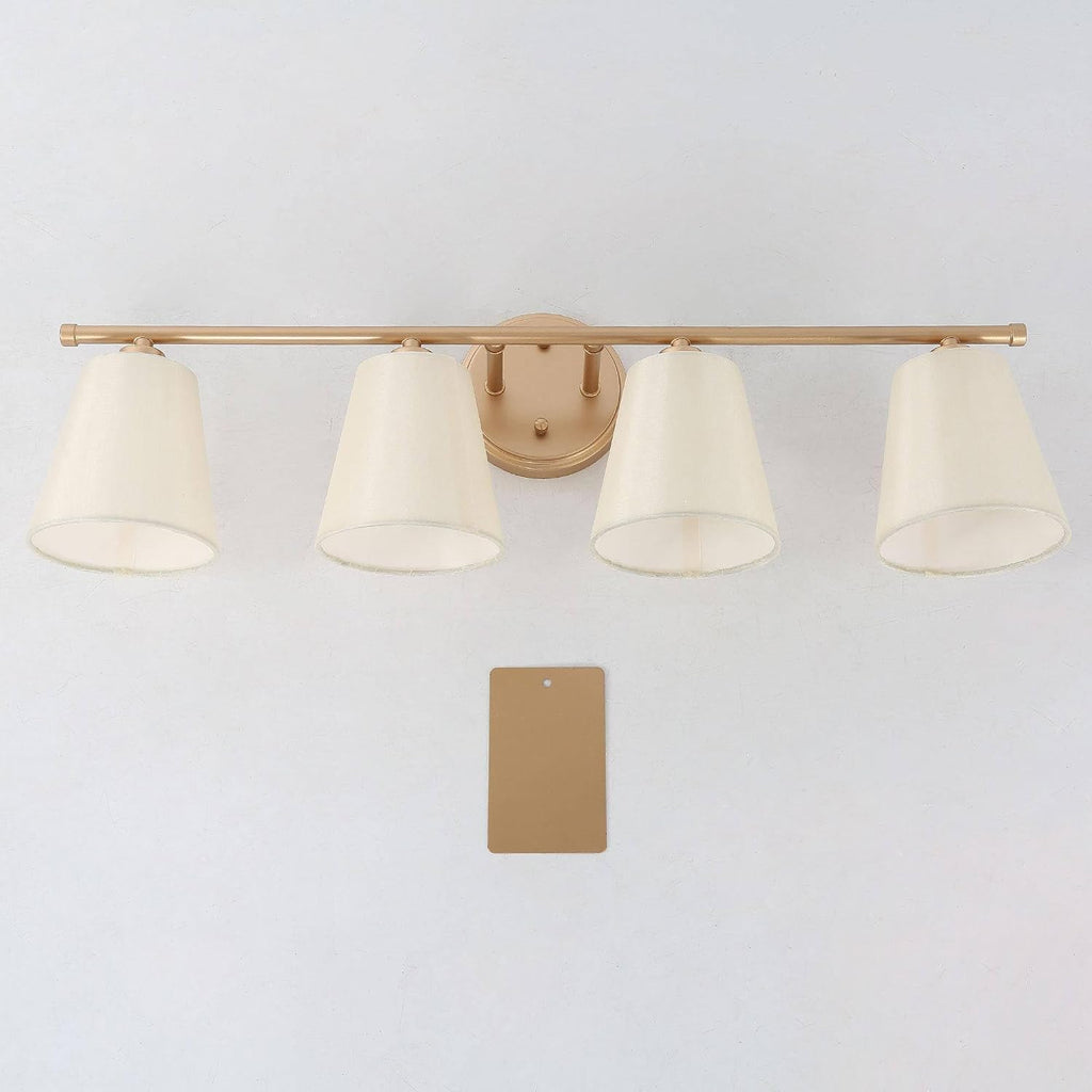 KSANA Large Bathroom Light Fixtures, 4-Light Modern Gold Vanity Lights Over Mirror White Fabric Shade Bathroom Vanity Lighting for Bedroom, Kitchen, Hallway