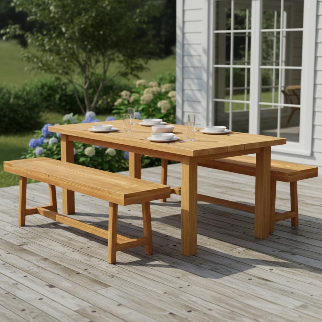 Tangkula 63-Inch Teak Wood Outdoor Bench Backless, Farmhouse Long Patio Dining Bench, 3-Person Dining Bench with Angled Legs for Dining, Entryway, Outside Wood Bench for Balcony, Backyard & Garden (1)
