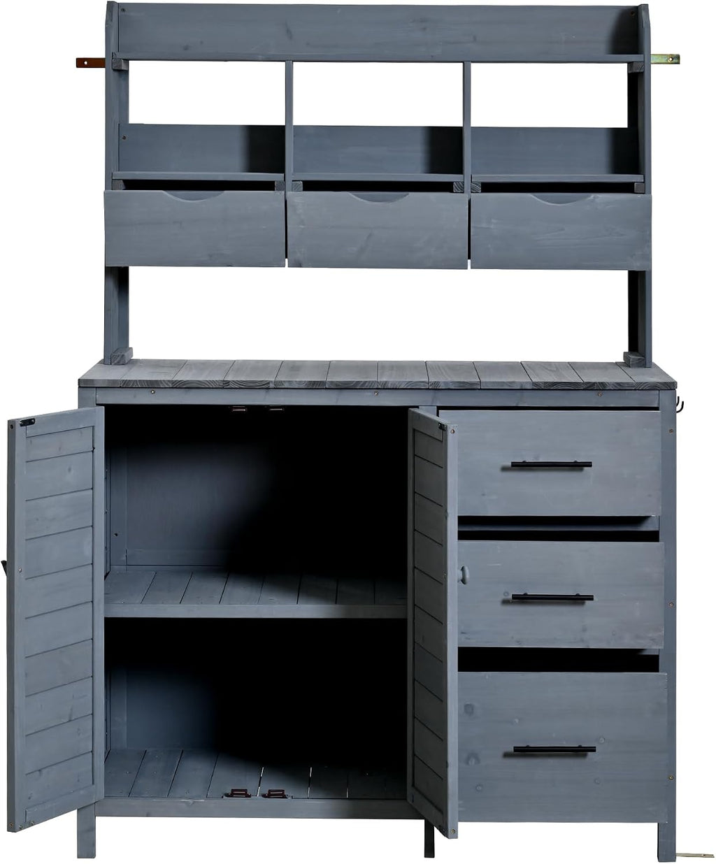 65' H Large Patio Potting Bench, Farmhouse Garden Workstation with 6 Drawers, Bottom Cabinet and Side Hook, Adjustable Shelf, Fir Wood Frame Outdoor Kitchen Island (Gray/101)