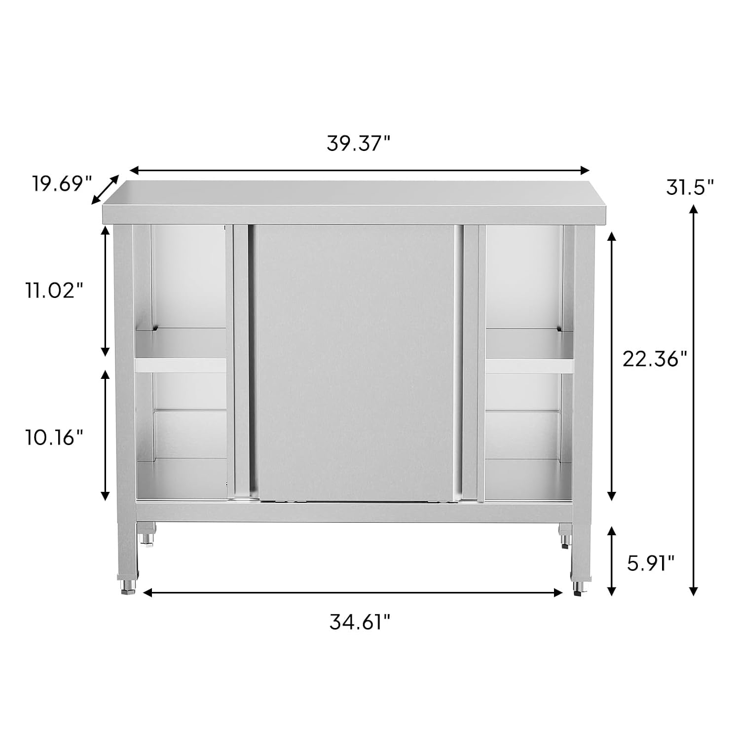 ROVSUN Stainless Steel Table with Cabinet 39 x 19 inches, NSF Commercial Heavy Duty Prep & Work Table with 2 Sliding Doors for Kitchen, Restaurant, Home, Hotel, Garage, Laundry