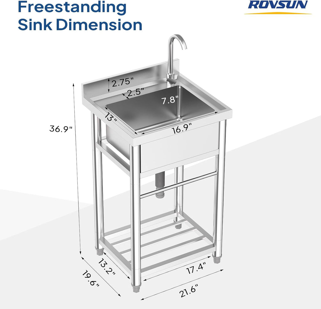 ROVSUN Stainless Steel Utility Sink with Faucet and Storage Shelf, 19.6'D x 21.6'W x 36.9'H, Compact Freestanding Single Bowl Wash Basin for Restaurant, Kitchen, Laundry, Garage & Outdoor Use
